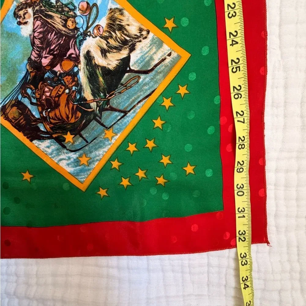 Vintage Santa Christmas Scarf Holiday Print Red Green Square Retro